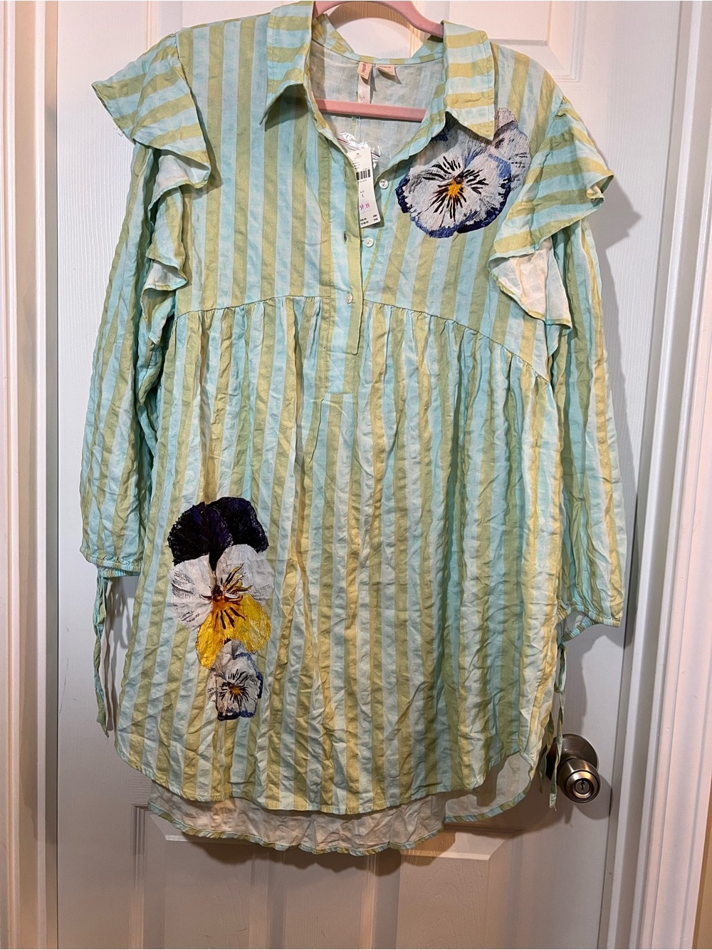 🦋 NWT Anthropologie Lyrebird Mint Green & Pale Yellow Striped Floral dress L